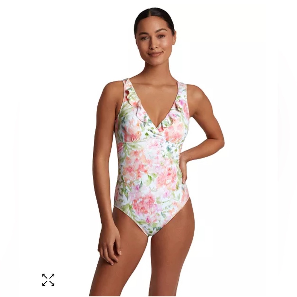 Lauren Ralph Lauren Ruffled V-Neck Pastel Floral-Print One-Piece Swimsuit NWT